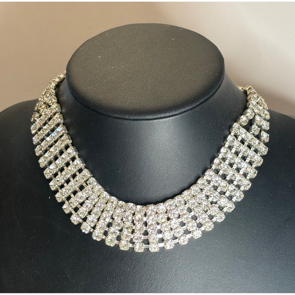 Vintage Y2K Rhinestone Choker Necklace 5-Row Bib 16 Inch Silver Tone